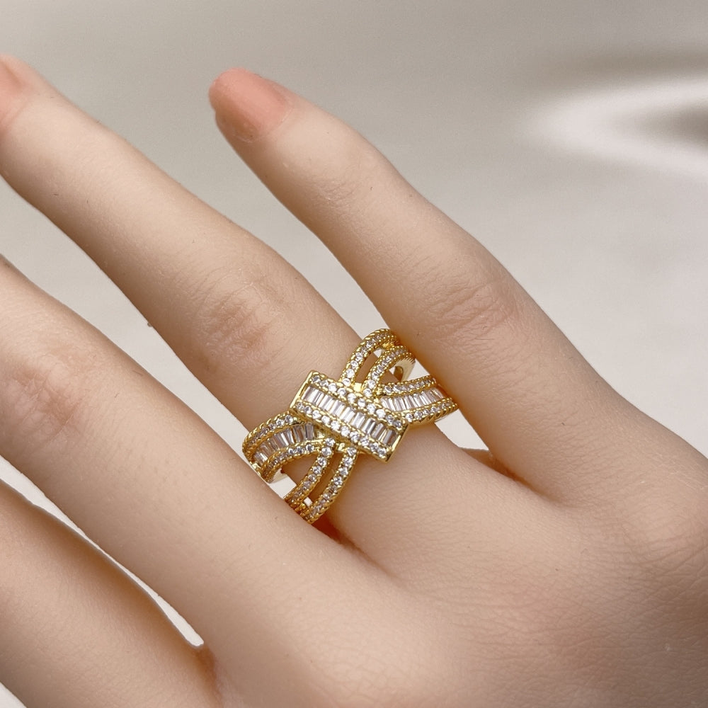 Oro Laminado Multi Stone Ring, Gold Filled Style Bow and Baguette Design, with White Cubic Zirconia and White Micro Pave, Polished, Golden Finish