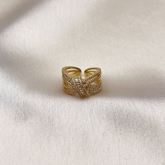 Oro Laminado Multi Stone Ring, Gold Filled Style Bow and Baguette Design, with White Cubic Zirconia and White Micro Pave, Polished, Golden Finish