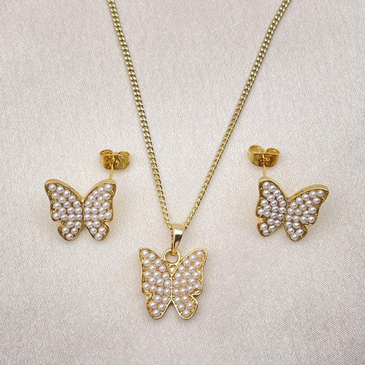 Oro Laminado Earring and Pendant Adult Set, Gold Filled Style Butterfly Design, with Ivory Pearl, Polished, Golden Finish