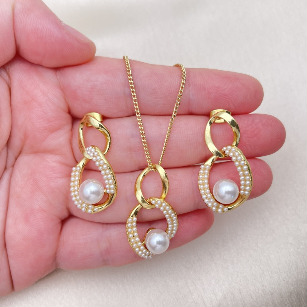 Oro Laminado Earring and Pendant Adult Set, Gold Filled Style Twist Design, with Ivory Pearl, Polished, Golden Finish