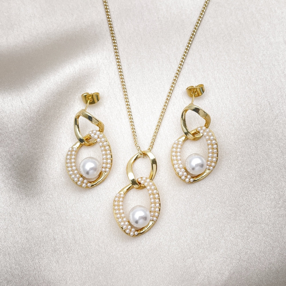 Oro Laminado Earring and Pendant Adult Set, Gold Filled Style Twist Design, with Ivory Pearl, Polished, Golden Finish