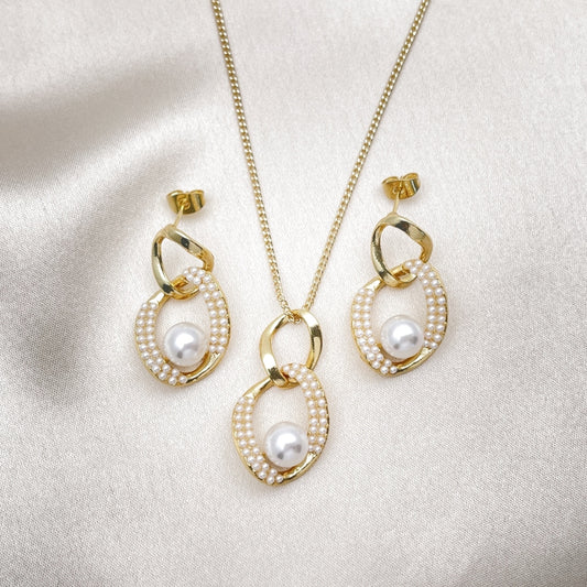 Oro Laminado Earring and Pendant Adult Set, Gold Filled Style Twist Design, with Ivory Pearl, Polished, Golden Finish