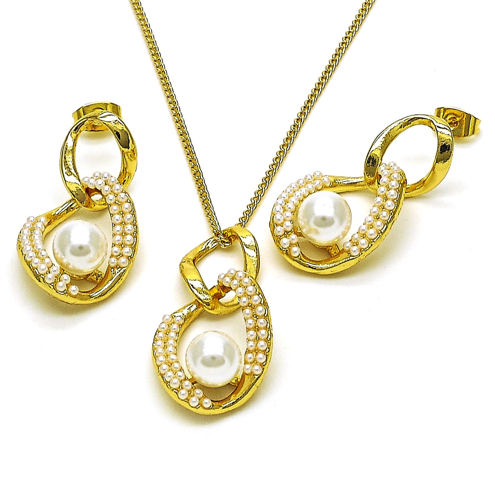 Oro Laminado Earring and Pendant Adult Set, Gold Filled Style Twist Design, with Ivory Pearl, Polished, Golden Finish