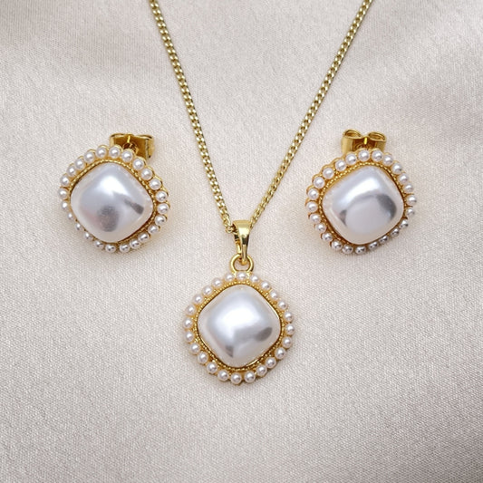 Oro Laminado Earring and Pendant Adult Set, Gold Filled Style with Ivory Pearl, Polished, Golden Finish