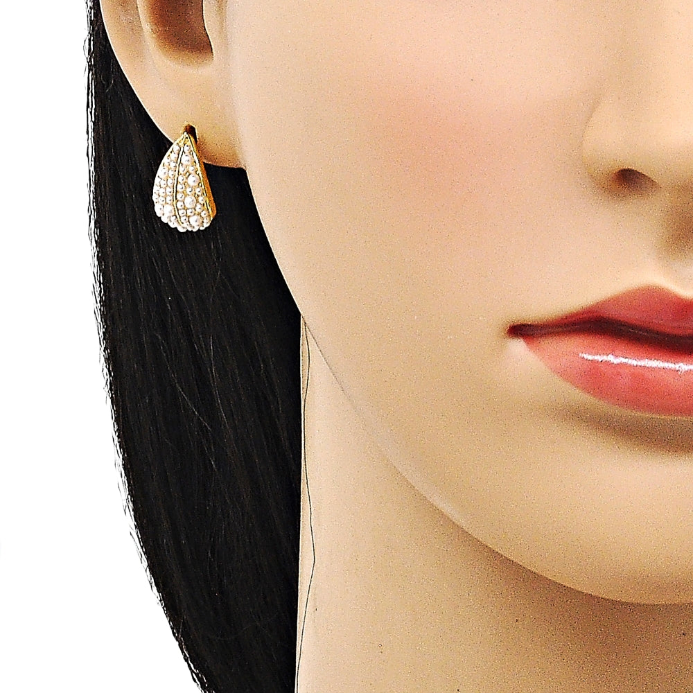 Oro Laminado Stud Earring, Gold Filled Style Leaf and Teardrop Design, with Ivory Pearl, Polished, Golden Finish