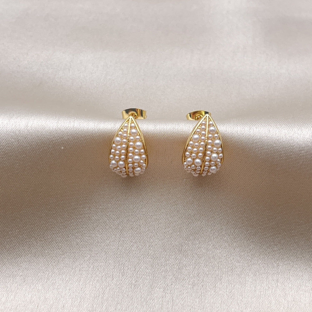 Oro Laminado Stud Earring, Gold Filled Style Leaf and Teardrop Design, with Ivory Pearl, Polished, Golden Finish