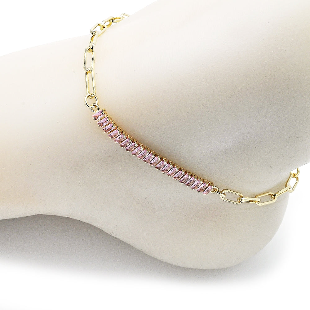 Oro Laminado Fancy Anklet, Gold Filled Style Paperclip and Baguette Design, with Pink Cubic Zirconia, Polished, Golden Finish