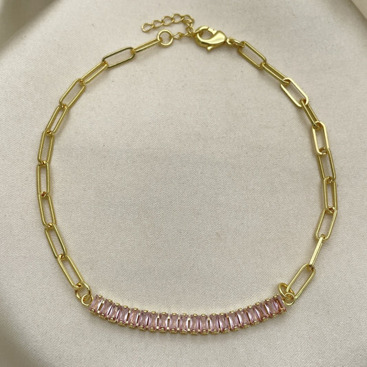 Oro Laminado Fancy Anklet, Gold Filled Style Paperclip and Baguette Design, with Pink Cubic Zirconia, Polished, Golden Finish