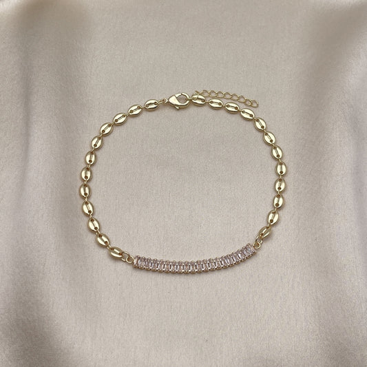 Oro Laminado Fancy Anklet, Gold Filled Style Puff Mariner and Baguette Design, with White Cubic Zirconia, Polished, Golden Finish