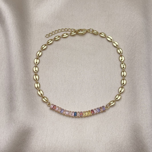 Oro Laminado Fancy Anklet, Gold Filled Style Puff Mariner and Baguette Design, with Multicolor Cubic Zirconia, Polished, Golden Finish