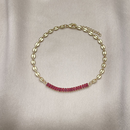 Oro Laminado Fancy Anklet, Gold Filled Style Puff Mariner and Baguette Design, with Garnet Cubic Zirconia, Polished, Golden Finish