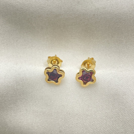 Oro Laminado Stud Earring, Gold Filled Style Star Design, with Dark Amethyst Cubic Zirconia, Polished, Golden Finish