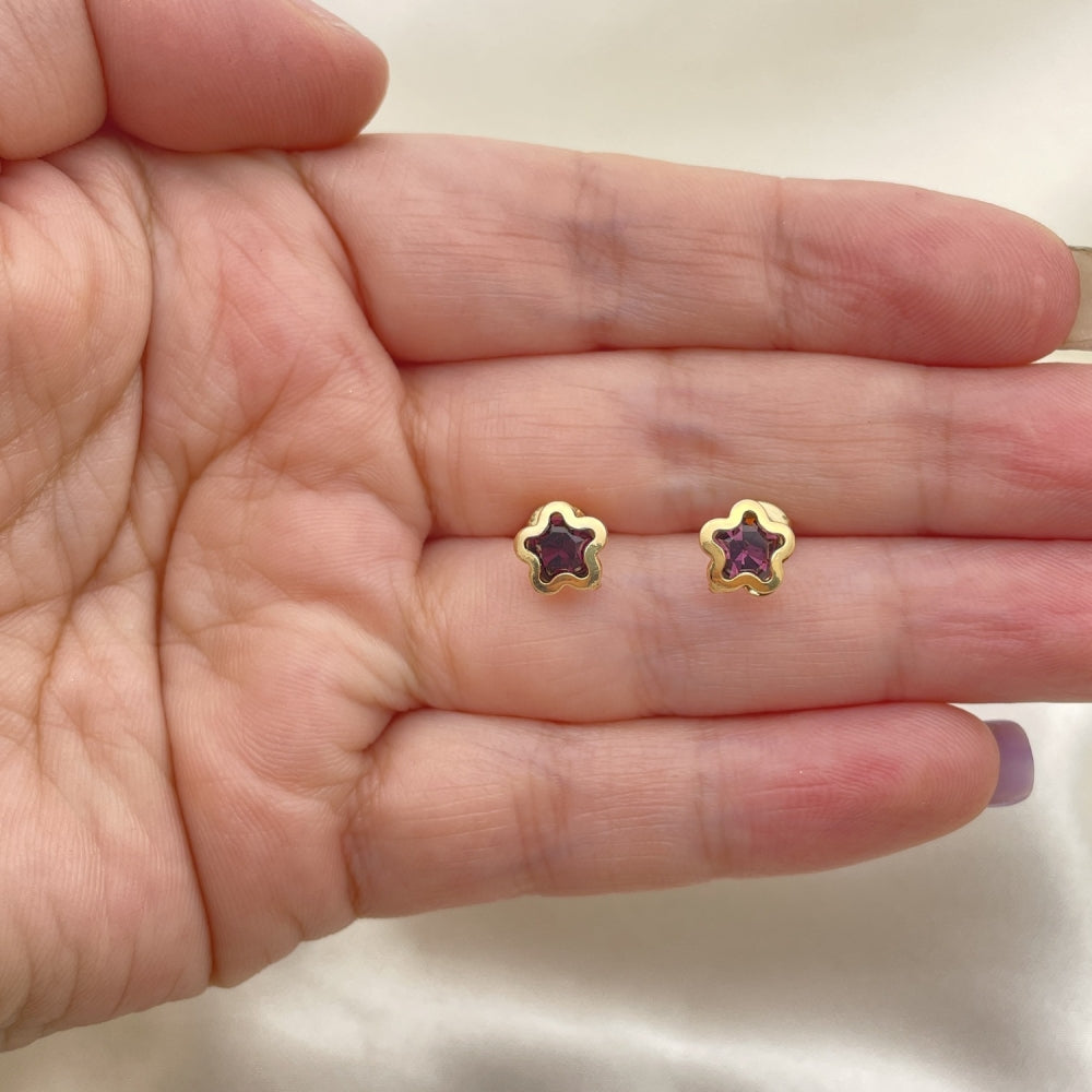 Oro Laminado Stud Earring, Gold Filled Style Star Design, with Dark Amethyst Cubic Zirconia, Polished, Golden Finish