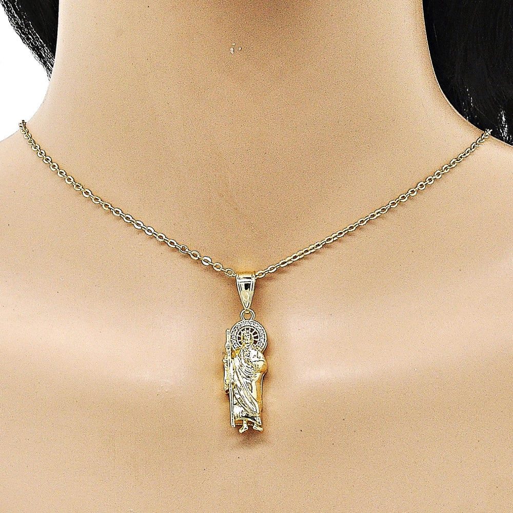 Oro Laminado Religious Pendant, Gold Filled Style San Judas Design, with White Micro Pave, Polished, Golden Finish