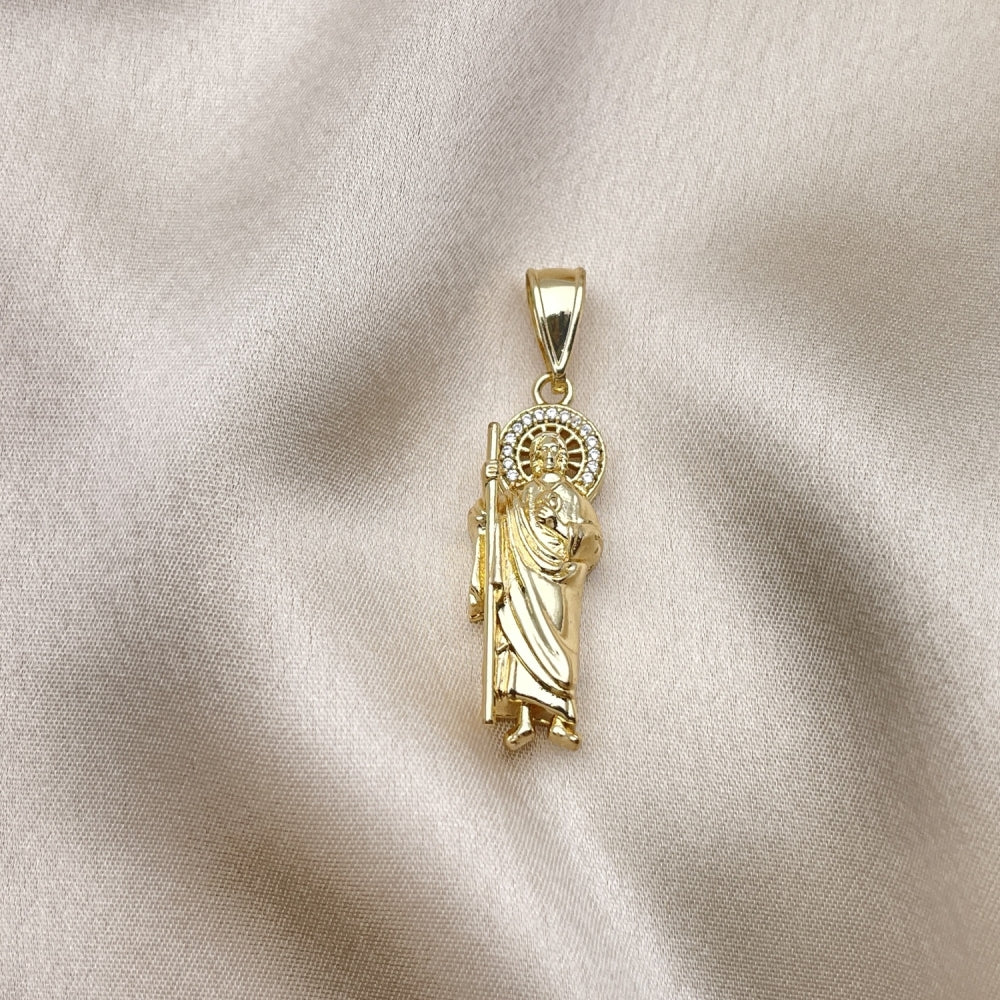 Oro Laminado Religious Pendant, Gold Filled Style San Judas Design, with White Micro Pave, Polished, Golden Finish