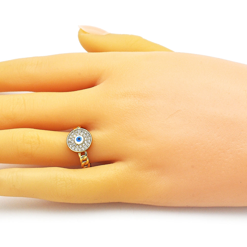 Oro Laminado Multi Stone Ring, Gold Filled Style Evil Eye and Concave Cuban Design, with White Micro Pave, Polished, Golden Finish