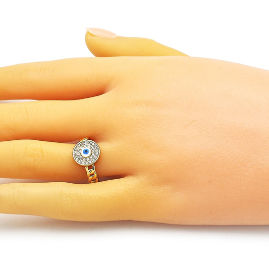 Oro Laminado Multi Stone Ring, Gold Filled Style Evil Eye and Concave Cuban Design, with White Micro Pave, Polished, Golden Finish