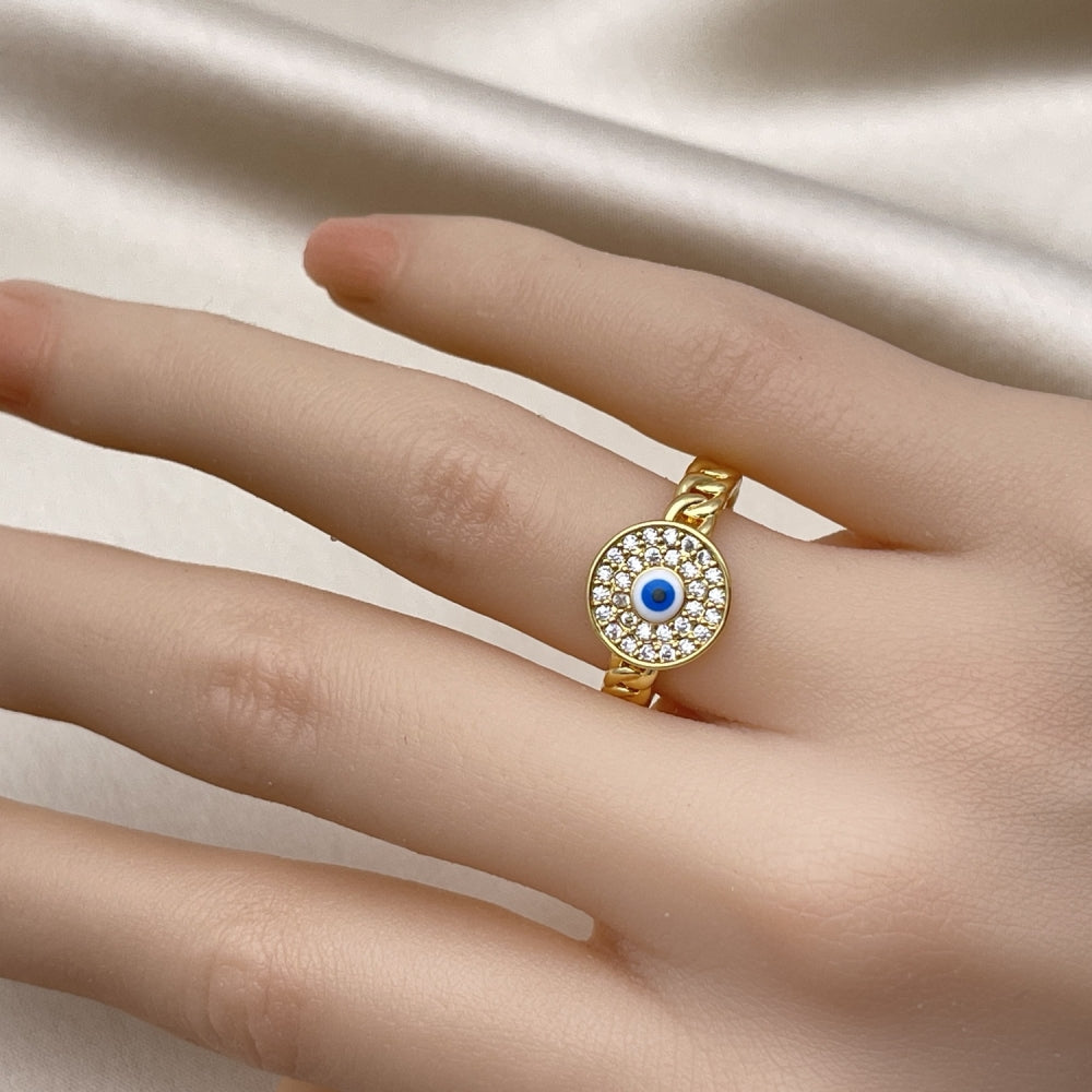 Oro Laminado Multi Stone Ring, Gold Filled Style Evil Eye and Concave Cuban Design, with White Micro Pave, Polished, Golden Finish