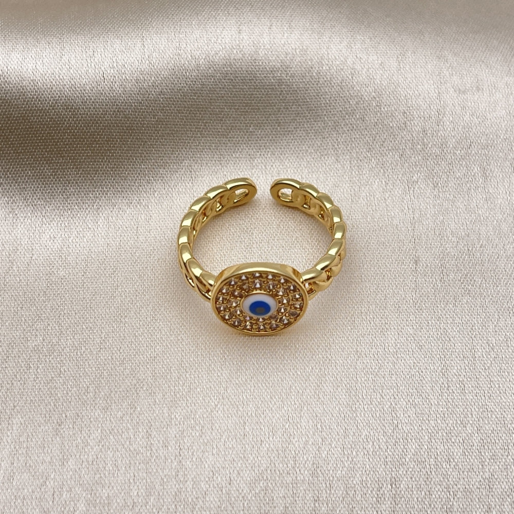 Oro Laminado Multi Stone Ring, Gold Filled Style Evil Eye and Concave Cuban Design, with White Micro Pave, Polished, Golden Finish