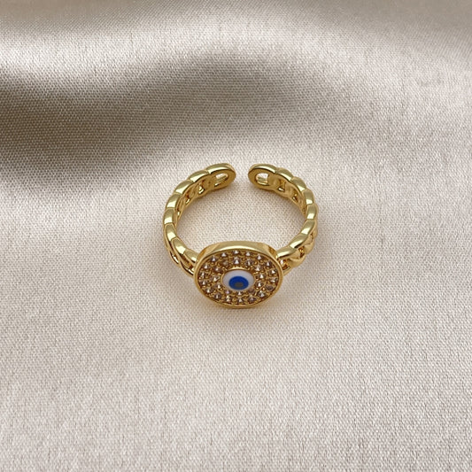 Oro Laminado Multi Stone Ring, Gold Filled Style Evil Eye and Concave Cuban Design, with White Micro Pave, Polished, Golden Finish