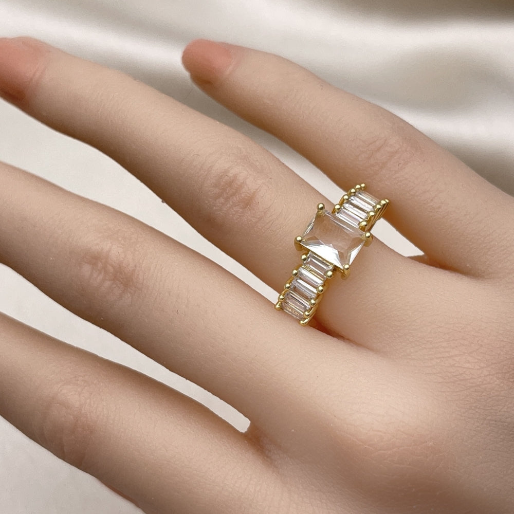 Oro Laminado Multi Stone Ring, Gold Filled Style Baguette Design, with White Cubic Zirconia, Polished, Golden Finish