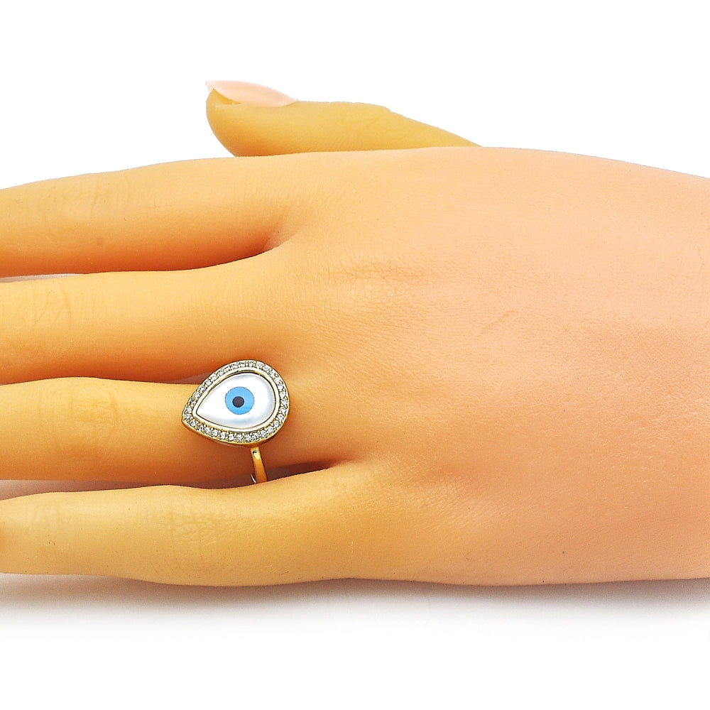 Oro Laminado Multi Stone Ring, Gold Filled Style Teardrop and Evil Eye Design, with White Micro Pave and Ivory Mother of Pearl, Polished, Golden Finish
