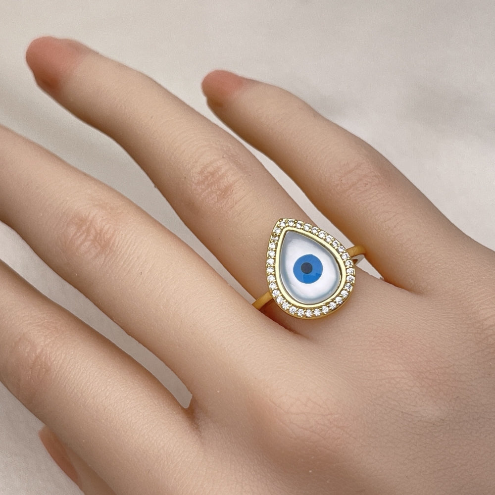 Oro Laminado Multi Stone Ring, Gold Filled Style Teardrop and Evil Eye Design, with White Micro Pave and Ivory Mother of Pearl, Polished, Golden Finish