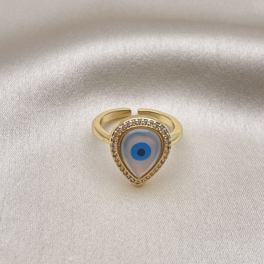 Oro Laminado Multi Stone Ring, Gold Filled Style Teardrop and Evil Eye Design, with White Micro Pave and Ivory Mother of Pearl, Polished, Golden Finish