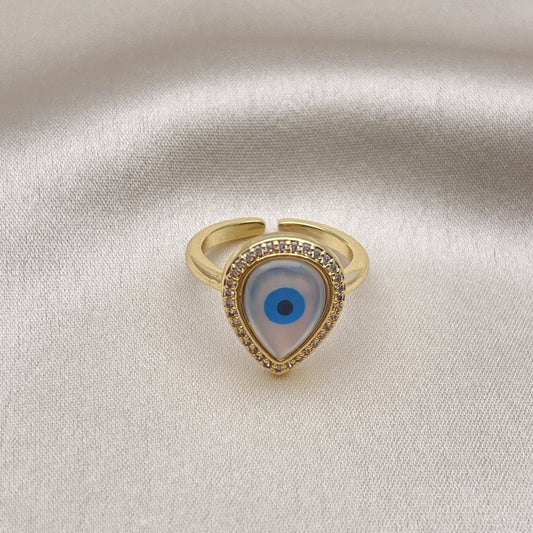 Oro Laminado Multi Stone Ring, Gold Filled Style Teardrop and Evil Eye Design, with White Micro Pave and Ivory Mother of Pearl, Polished, Golden Finish