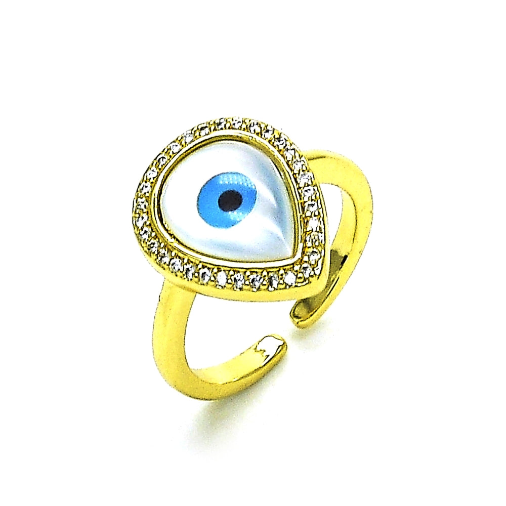 Oro Laminado Multi Stone Ring, Gold Filled Style Teardrop and Evil Eye Design, with White Micro Pave and Ivory Mother of Pearl, Polished, Golden Finish