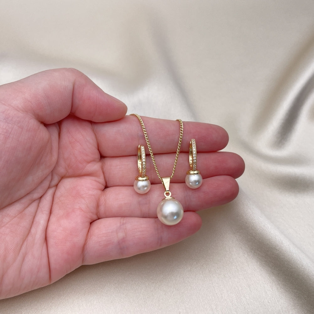 Oro Laminado Earring and Pendant Adult Set, Gold Filled Style Ball Design, with Ivory Pearl and White Micro Pave, Polished, Golden Finish