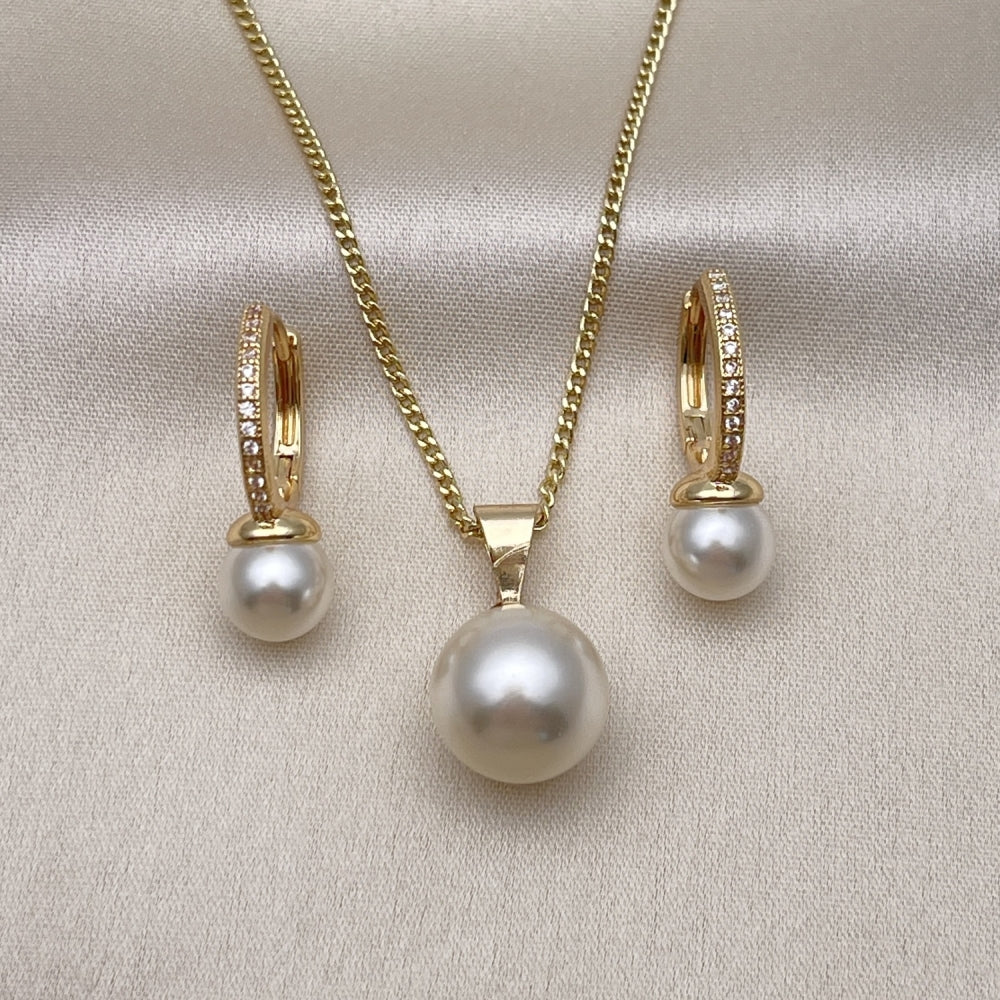 Oro Laminado Earring and Pendant Adult Set, Gold Filled Style Ball Design, with Ivory Pearl and White Micro Pave, Polished, Golden Finish
