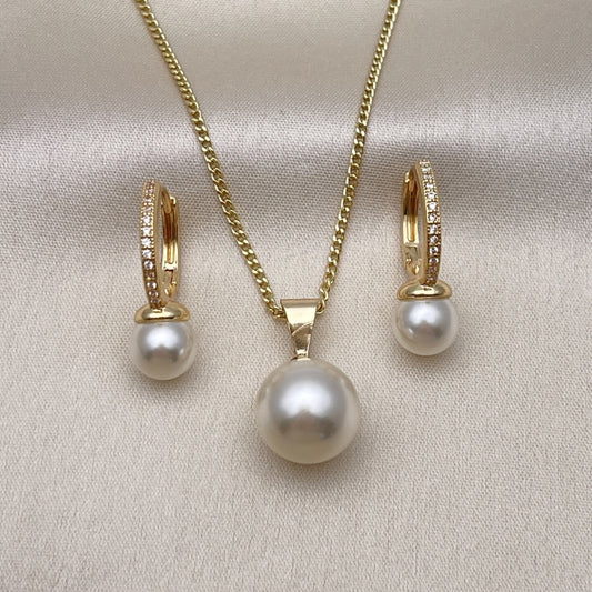Oro Laminado Earring and Pendant Adult Set, Gold Filled Style Ball Design, with Ivory Pearl and White Micro Pave, Polished, Golden Finish