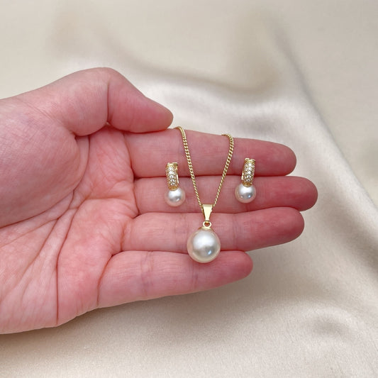 Oro Laminado Earring and Pendant Adult Set, Gold Filled Style Ball Design, with Ivory Pearl and White Micro Pave, Polished, Golden Finish