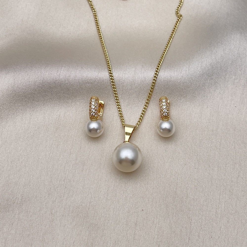 Oro Laminado Earring and Pendant Adult Set, Gold Filled Style Ball Design, with Ivory Pearl and White Micro Pave, Polished, Golden Finish