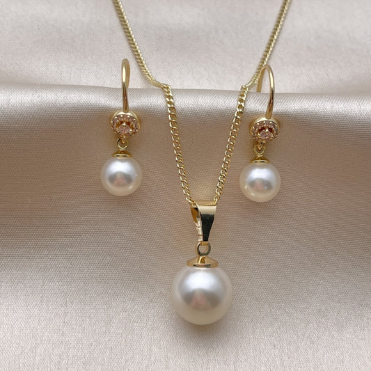 Oro Laminado Earring and Pendant Adult Set, Gold Filled Style Ball Design, with Ivory Pearl and White Micro Pave, Polished, Golden Finish