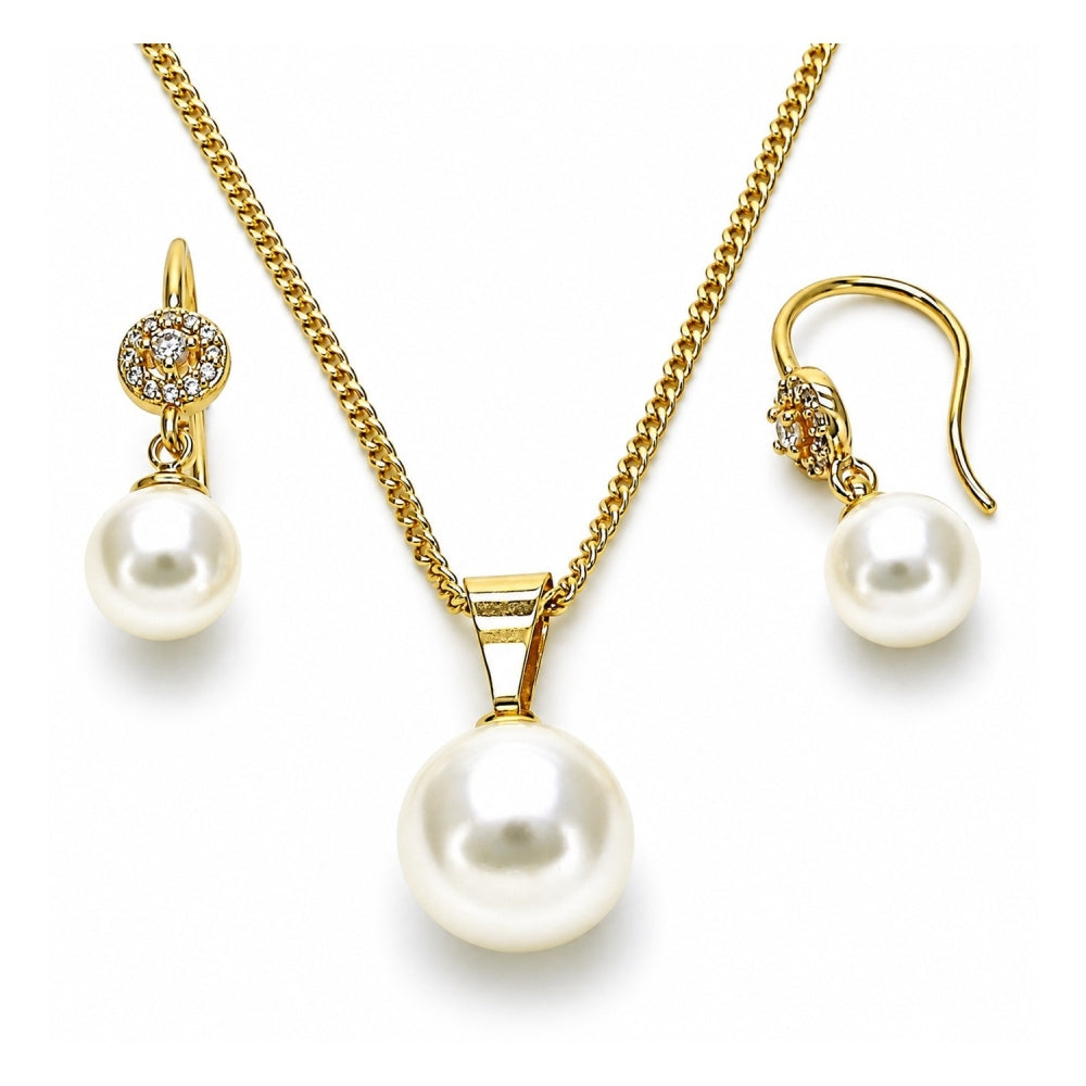 Oro Laminado Earring and Pendant Adult Set, Gold Filled Style Ball Design, with Ivory Pearl and White Micro Pave, Polished, Golden Finish
