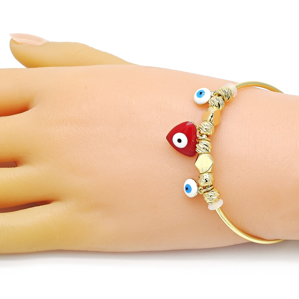 Oro Laminado Individual Bangle, Gold Filled Style Heart and Evil Eye Design, Red Enamel Finish, Golden Finish