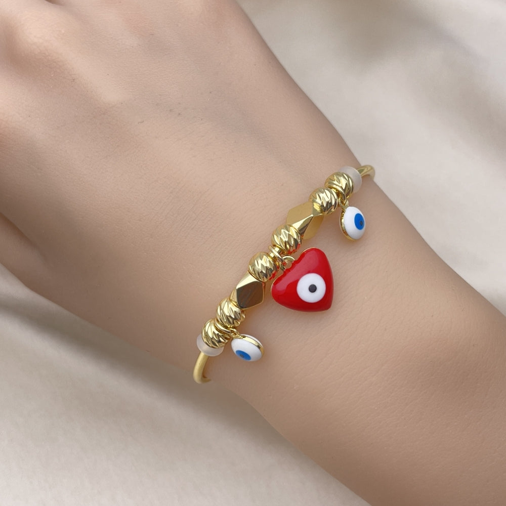 Oro Laminado Individual Bangle, Gold Filled Style Heart and Evil Eye Design, Red Enamel Finish, Golden Finish