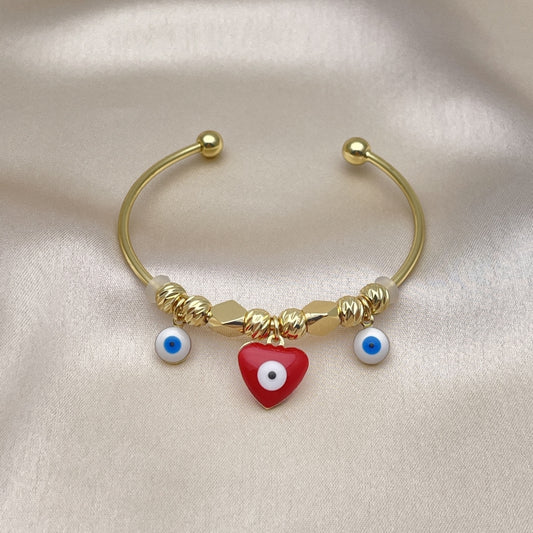 Oro Laminado Individual Bangle, Gold Filled Style Heart and Evil Eye Design, Red Enamel Finish, Golden Finish