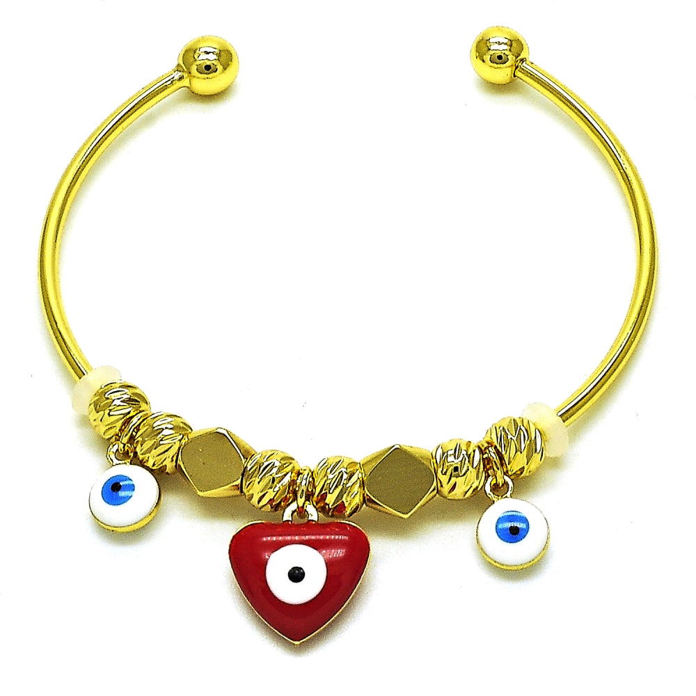Oro Laminado Individual Bangle, Gold Filled Style Heart and Evil Eye Design, Red Enamel Finish, Golden Finish