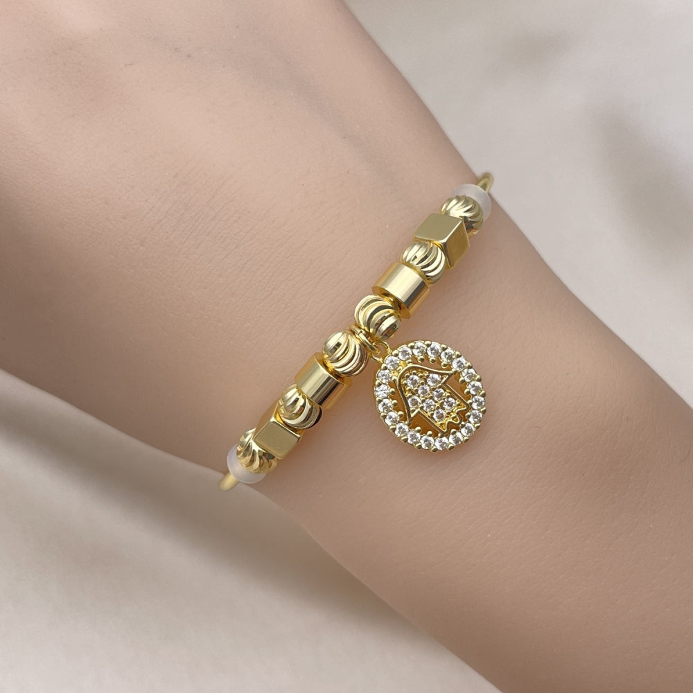 Oro Laminado Individual Bangle, Gold Filled Style Hand of God Design, with White Micro Pave, Diamond Cutting Finish, Golden Finish