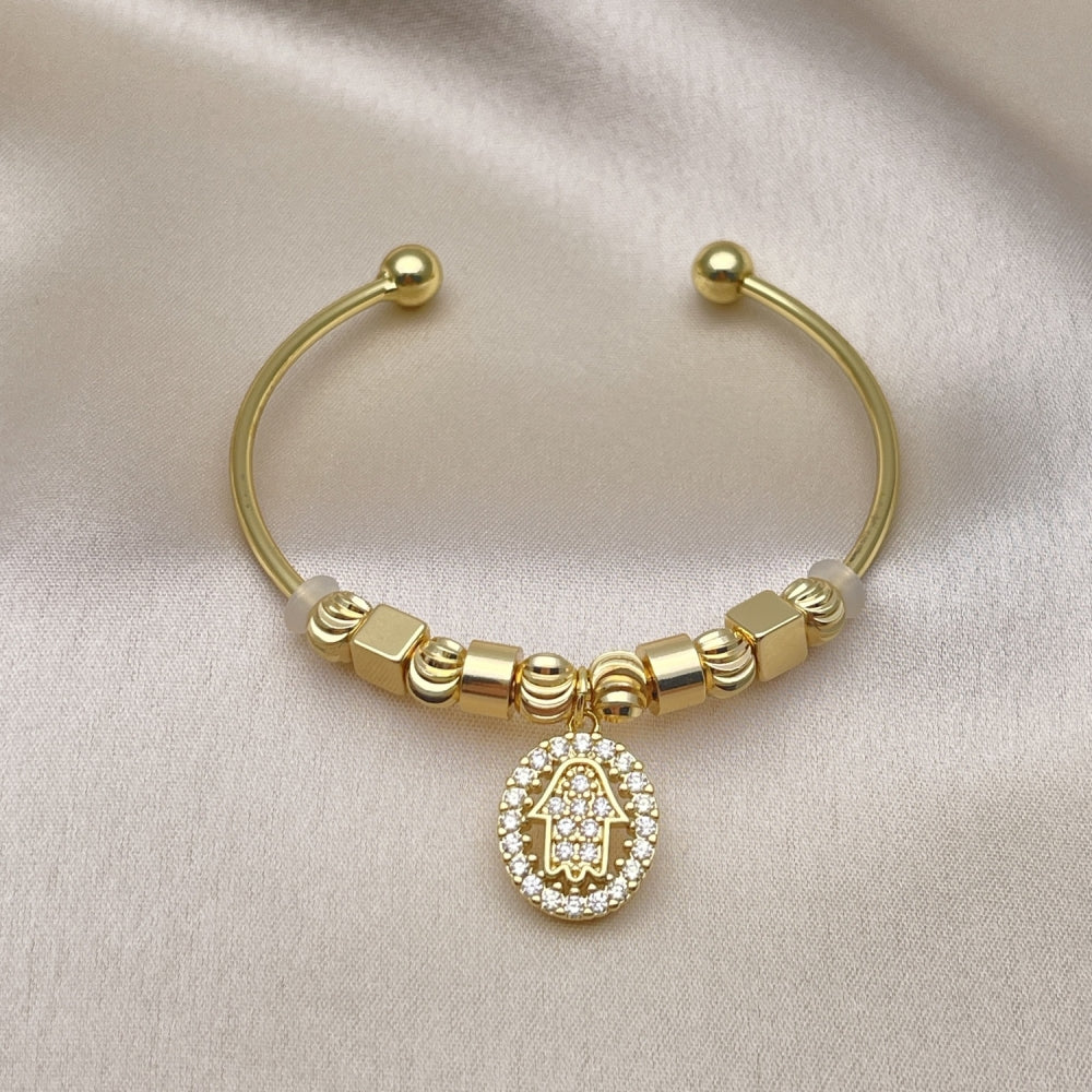 Oro Laminado Individual Bangle, Gold Filled Style Hand of God Design, with White Micro Pave, Diamond Cutting Finish, Golden Finish