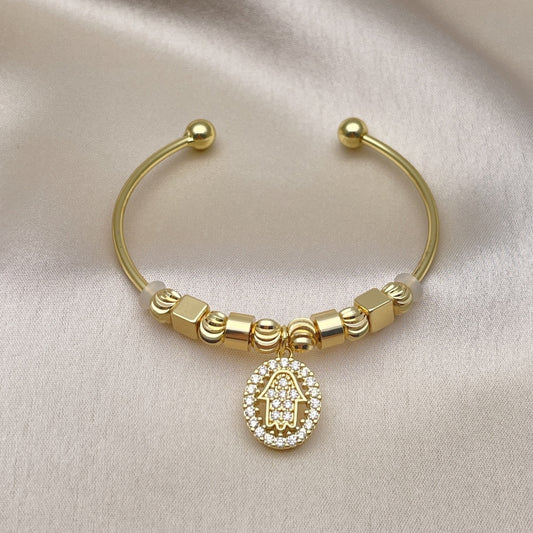 Oro Laminado Individual Bangle, Gold Filled Style Hand of God Design, with White Micro Pave, Diamond Cutting Finish, Golden Finish