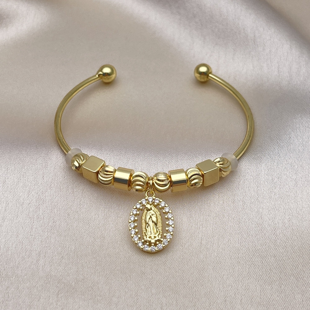 Oro Laminado Individual Bangle, Gold Filled Style Guadalupe Design, with White Micro Pave, Diamond Cutting Finish, Golden Finish