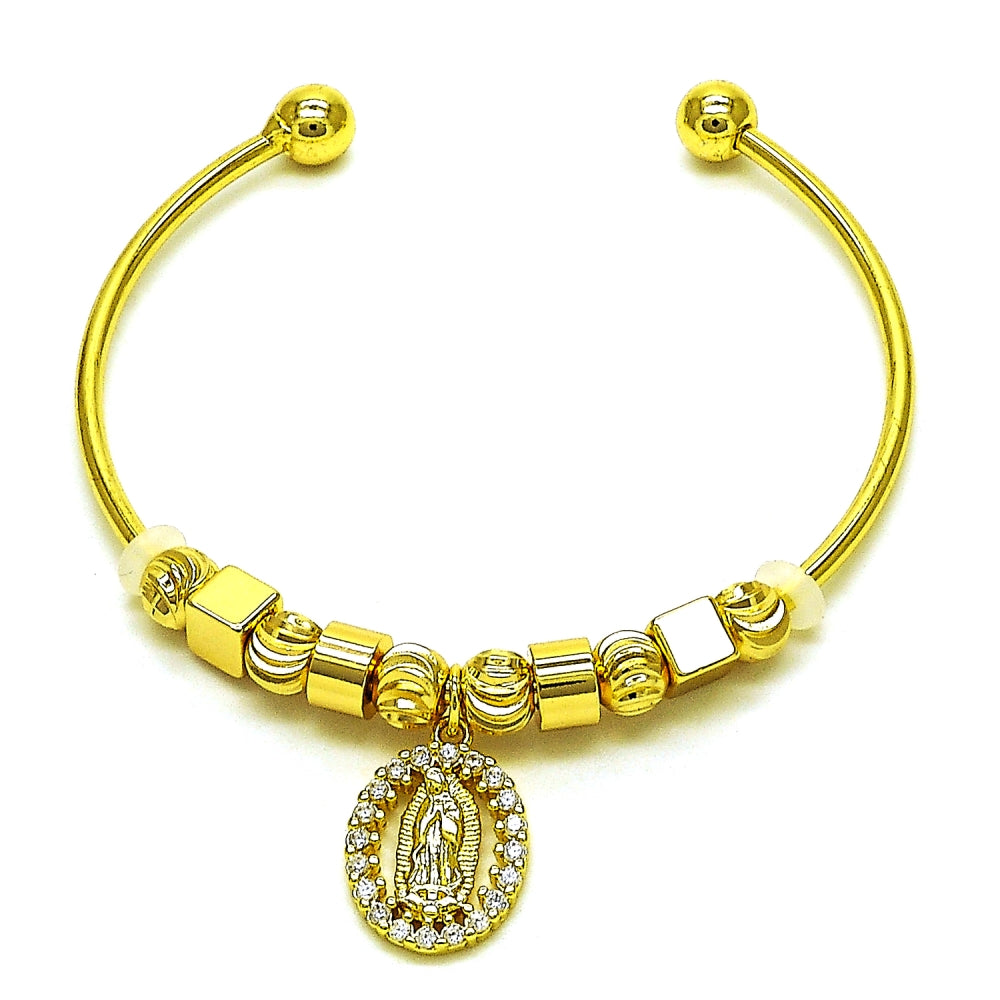 Oro Laminado Individual Bangle, Gold Filled Style Guadalupe Design, with White Micro Pave, Diamond Cutting Finish, Golden Finish