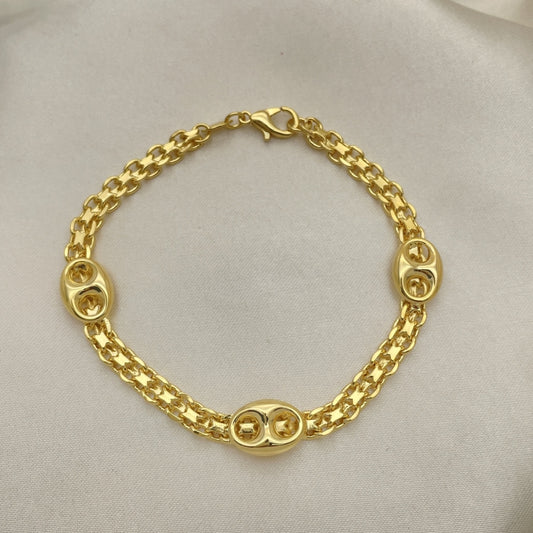Oro Laminado Fancy Bracelet, Gold Filled Style Puff Mariner and Bismark Design, Polished, Golden Finish