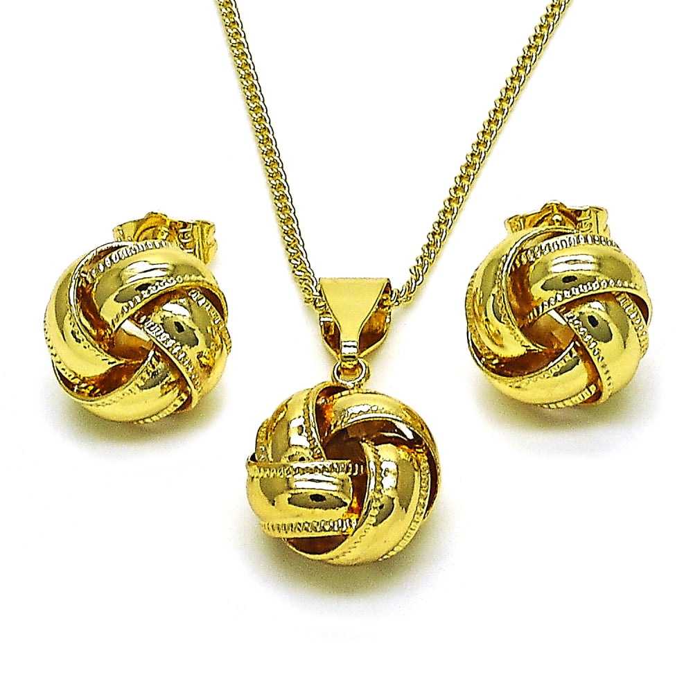 Oro Laminado Earring and Pendant Adult Set, Gold Filled Style Love Knot Design, Diamond Cutting Finish, Golden Finish