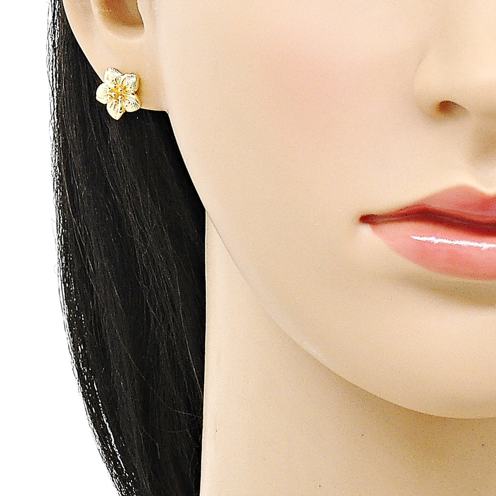 Oro Laminado Stud Earring, Gold Filled Style Flower Design, Polished, Golden Finish