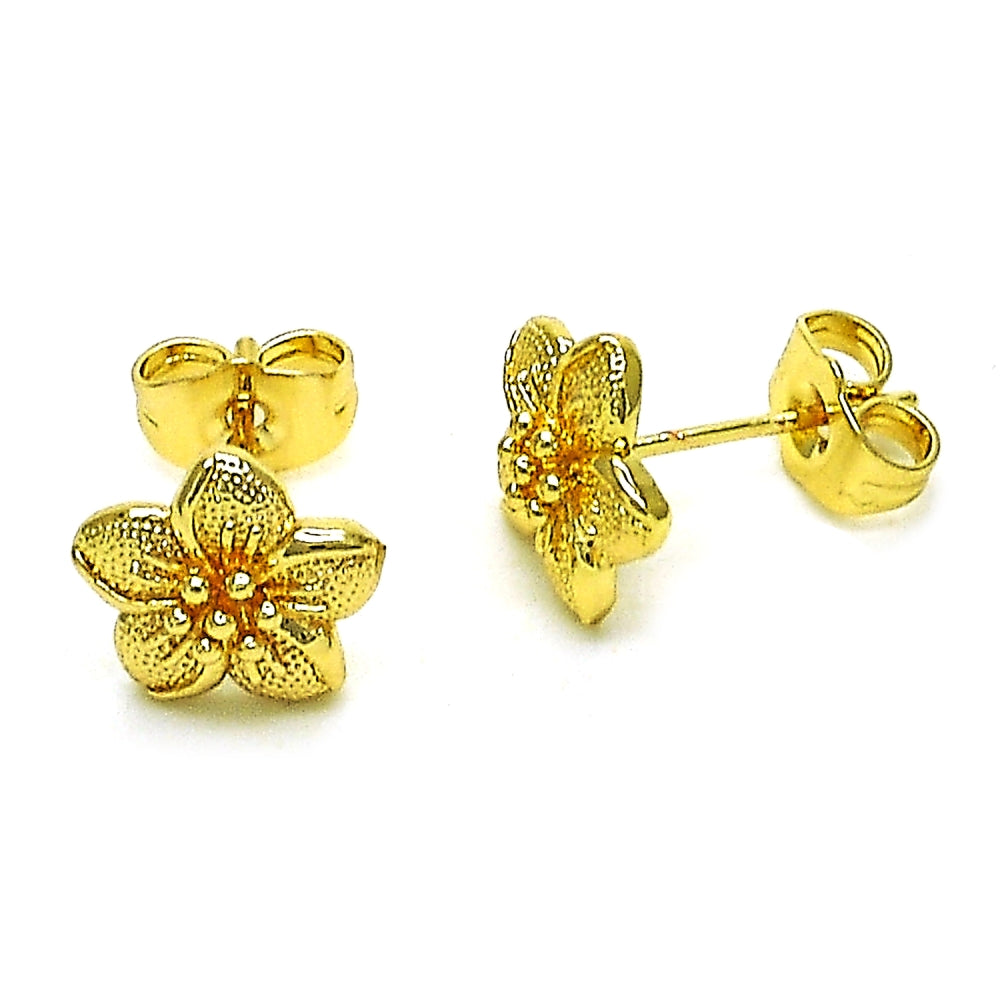 Oro Laminado Stud Earring, Gold Filled Style Flower Design, Polished, Golden Finish